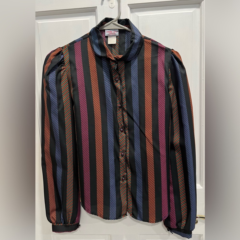 LESLIE ANN FASHIONS Vintage Button Down Striped Blouse Ladies SZ MEDIUM PreLoved